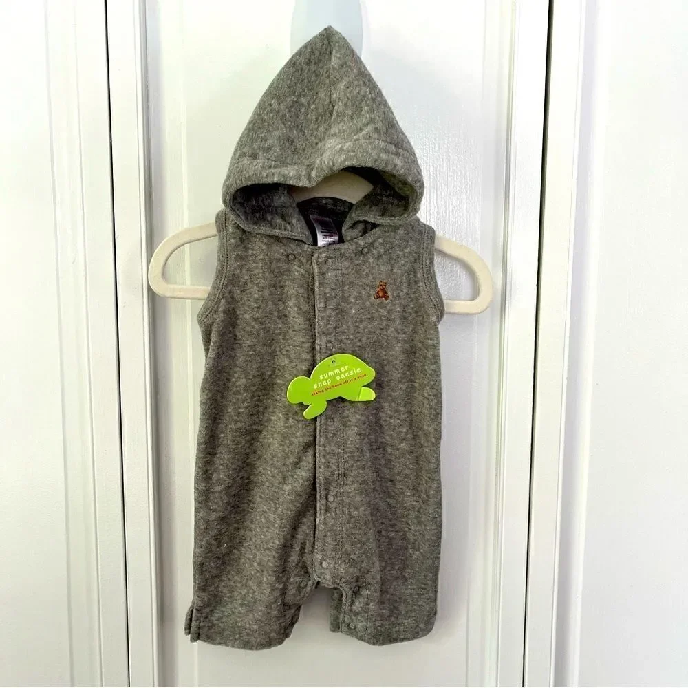 NEW Baby Gap Terry Towel Summer Snap Onesie with Removable Hood Shortall Grey